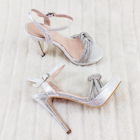 Gorgeous Silver Shimmery Platform Rhinestone High Heel Sandals Shoes - Picture 3 of 13